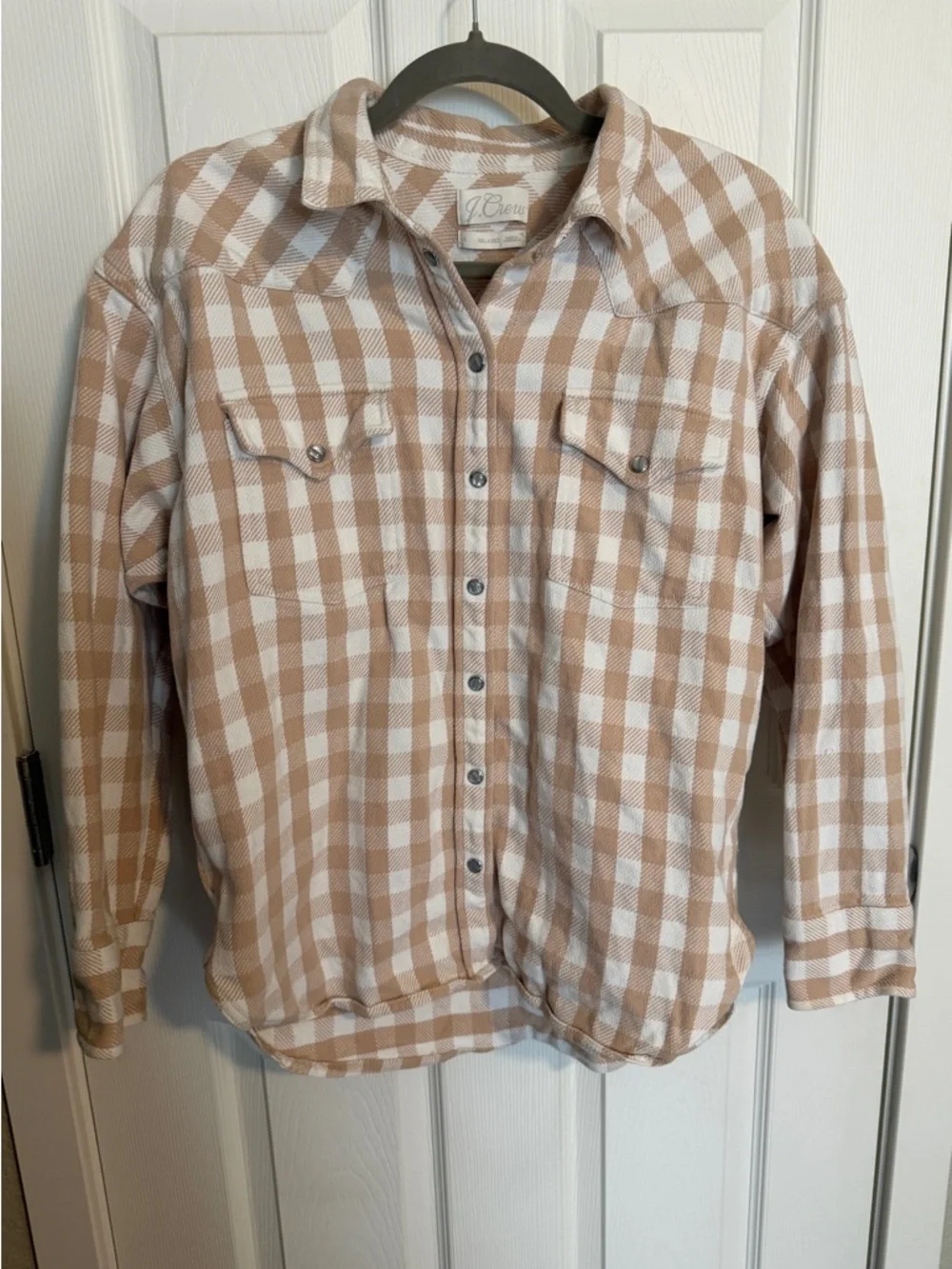 J.Crew Plaid Heavy Weight Flannel Shirt Size 6 Beige White Classic Button Up - Picture 2 of 7